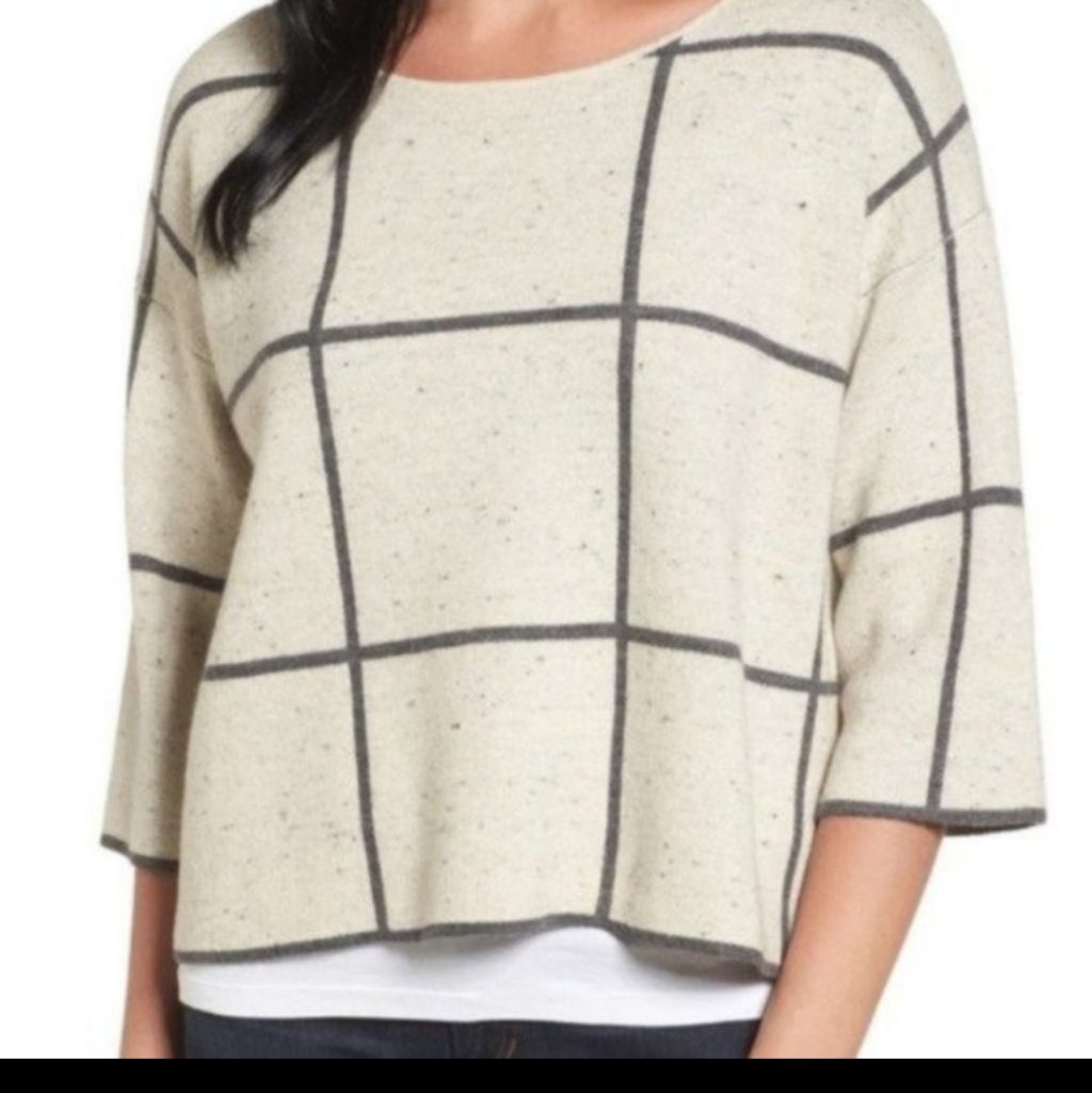 Elieen Fisher Window Pane Plaid Cropped Boxy Sweater In Natural